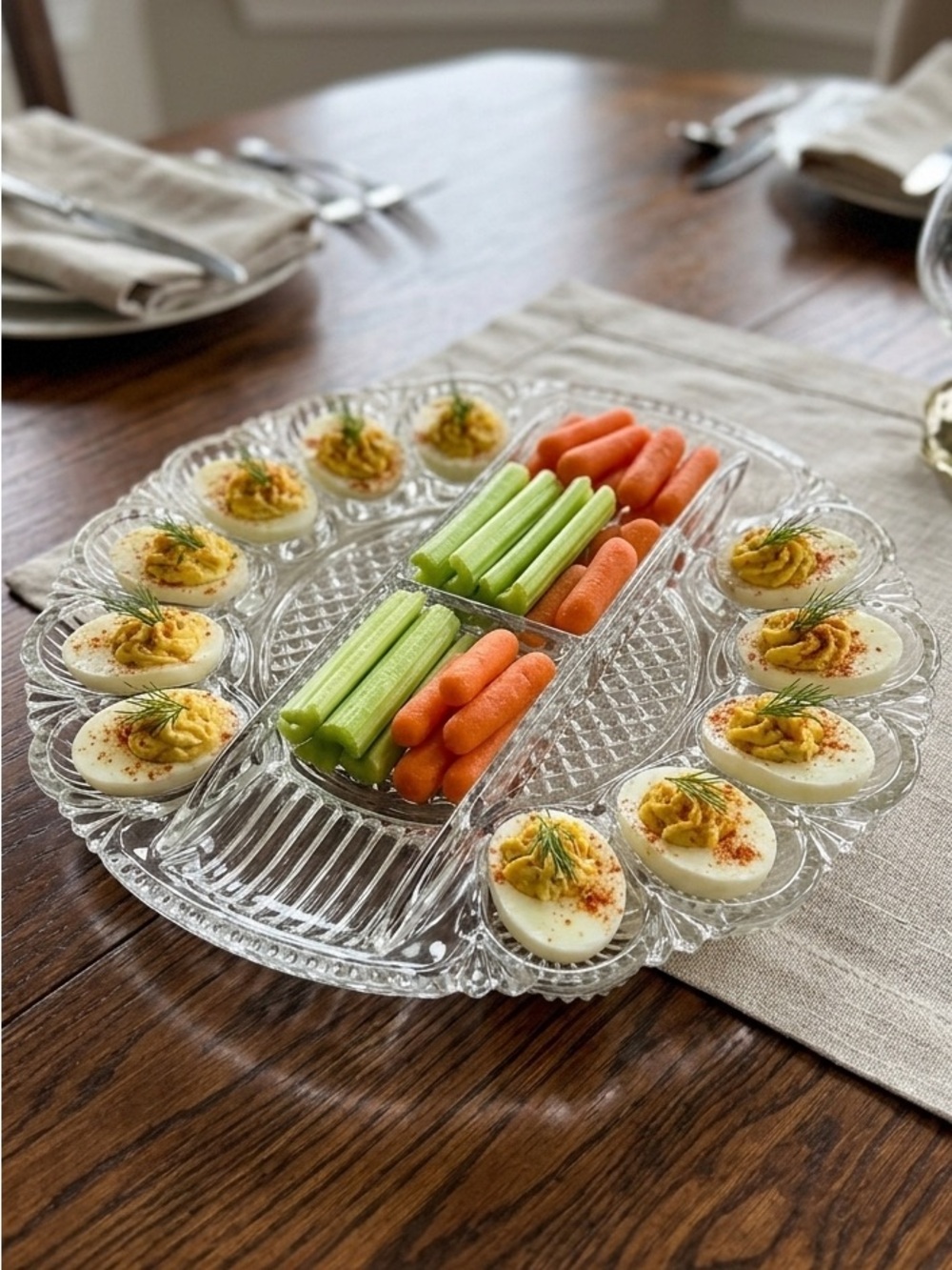 Vintage L.E. Smith clear glass deviled egg and relish platter